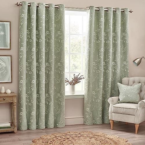 Image of furn. Wylder Sophia Eyelet Curtain Pair – Room Darkening Jacquard Botanical Embroidered Lined Luxury Curtains (Sage – Width 229 x Drop 183cm)