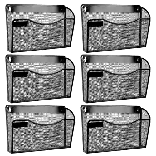 Image of EasyOFC 6 Pocket Mesh Wall File Holder, A4 Landscape Mail Organiser Magazine Storage for Office Home School,Black