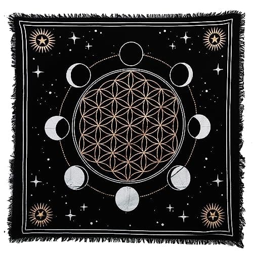 Image of Indian Consigners Altar Cloth – Moon Phases & Flower of Life Design – Wicca Tarot Spread Mat for Spells & Sacred Rituals