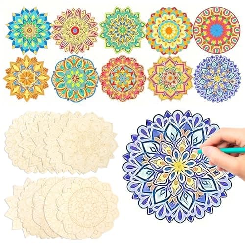 Image of HICOHAND Wooden Mandala Painting Set, 10PCS Decorative Border Unfinished Wood to Paint Wooden Mandala Ornament for Adult to Relax Painting DIY Crafts Home Decorations