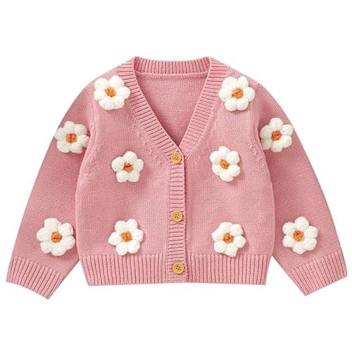 Image of LAWKUL Baby Toddler Girl Cardigan Warm Sweater Floral Long Sleeve Jumpers Coats Knitted Clothes Pink 12-18 Months