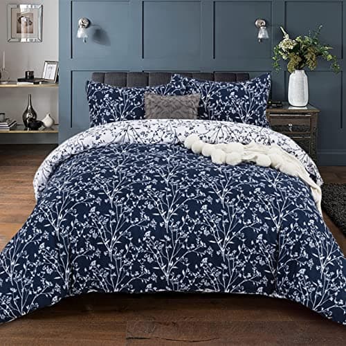 Image of DJY Navy Bedding Branch Floral Pattern Duvet Cover with 2 Pillowcases Soft Microfiber Reversible Duvet Cover Set with Zipper Closure for Adults Teens Kids (King Size 3PCs 230x220cm)