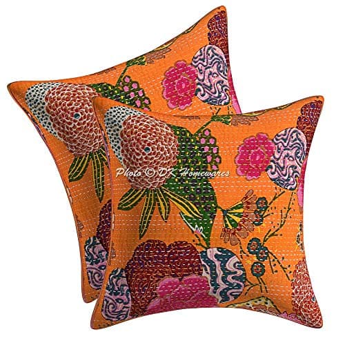 Image of DK Homewares Indian Sofa Cushion Covers 40cm x 40cm Light Orange Kantha Cotton Tropicana Square Living Room 16x16 Inches Ethnic Settee Scatter Pillowcases - Set of 2 Pcs