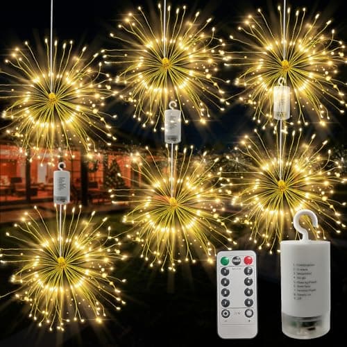 Image of FOOING 6 Pack Firework Lights LED Starburst Lights with 8 Modes Dimmable,6 Pack Fairy Hanging String Light for Christmas Wedding Outdoor Indoor Decorations with Remote Control