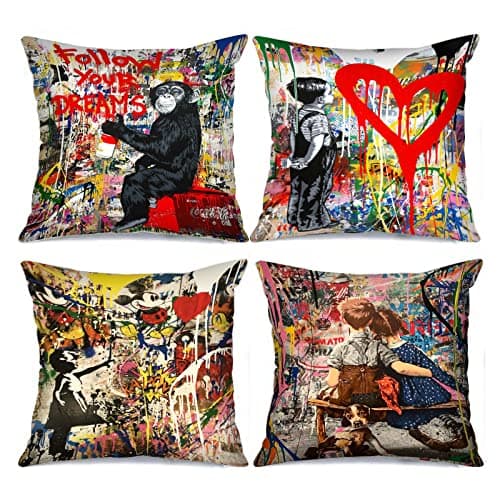 Image of Tucocoo Banksy Decorative Cushion Covers 4 Pieces Street Graffiti Art Throw Pillow Cases Little Boys Girls Cushion Cover Outdoor Decorations Monkey Throw Pillow for Couch Sofa Bed Car