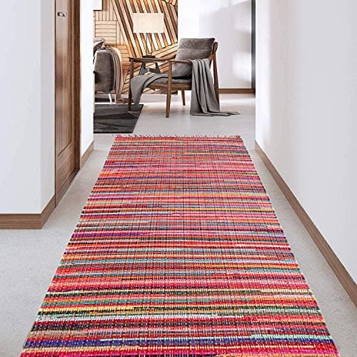 Image of Second Nature Online Festival Long Eco Friendly Multi Colour Stripe Fringed Rag Rug Runner Hand Woven with Recycled Fabric Strips 60 cm x 300 cm