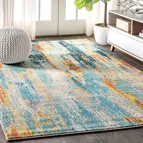 Image of JONATHAN Y CTP106B-8 Contemporary POP Modern Abstract Vintage Waterfall Indoor Area Rug, Transitional, Bohemian Easy Cleaning,Bedroom,Kitchen,Living Room,Non Shed, Blue/Cream/Yellow, 240 cm X 300 cm
