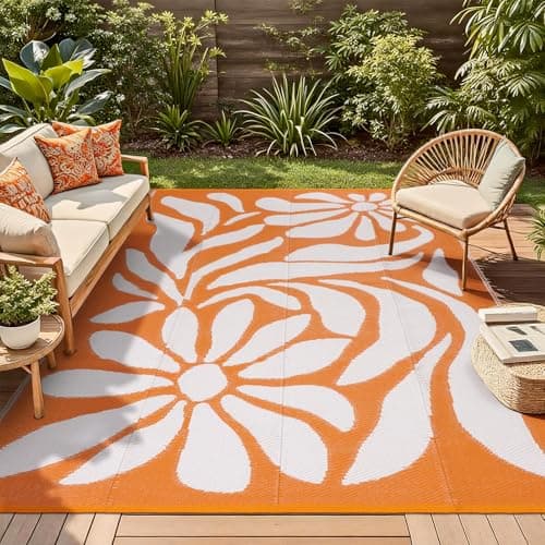 Image of TUKDAK Outdoor Rug for Patios Waterproof 150×245 cm, Orange Portable UV Resistant Carpet for Picnic, Reversible Balcony Mat Easy Clean, Recycled Plastic Indoor&Outdoor Rugs for Beach Garden RV Patio