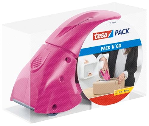 Image of tesapack Hand Dispenser Pack-N-Go - Ergonomic Handheld Pink Packaging Tape Dispenser for Packing Tape, Includes 50 m x 48 mm Tape Roll