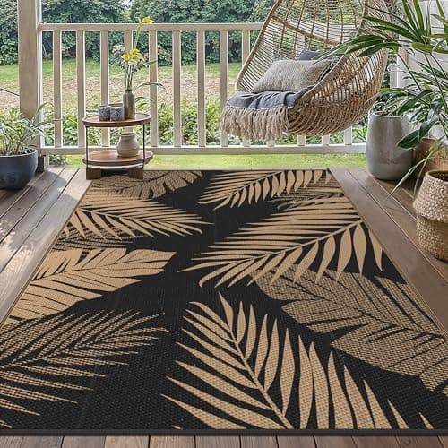 Image of GENIMO Outdoor Rug 120x180cm – Waterproof Reversible Garden Rug, Washable UV Resistant Plastic Carpet for Patio, Balcony, RV, Picnic, Backyard – Black & Brown