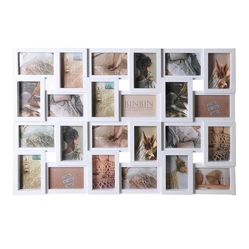 Image of Large Multi Aperture Collage Picture Frame Holds 9/11/18 Photos 6x4 Wood Look (White, 24 Piece Phot Frame)