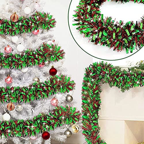 Image of ZKTYQUIHE 4 Pack Total 28 Ft Tinsel Garlands Christmas Tree Decorations, Thick Thin Metallic Streamers Xmas Garland Holiday Christmas Decorations Home Indoor Outdoor Party Supplies,Green