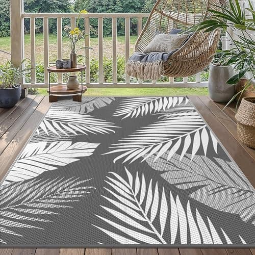 Image of GENIMO Outdoor Rug 120x180cm – Waterproof Reversible Garden Carpet, UV Resistant Garden Rugs, Washable Patio Mat for Backyard, Picnic, Balcony, RV, Grey & White