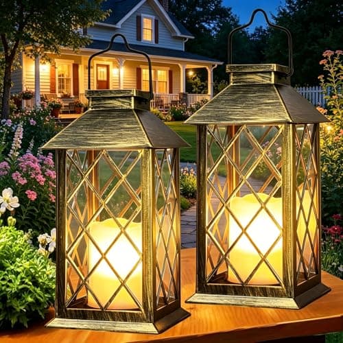 Image of Yowin Solar Lanterns for Outside, 2 Pack 35cm Large Hanging Lantern Outdoor Garden with Flickering Candle, Tempered Glass, Garden Gifts Waterproof Table Lamp for Balcony Patio Decorations - Bronze