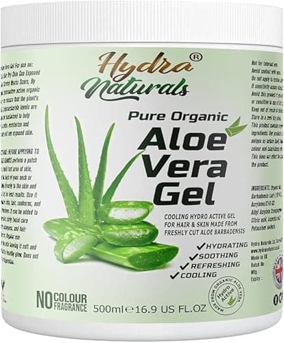 Image of Hydra Naturals 100% Pure Organic Aloe Vera Gel 500ml Made from Freshly Cut Aloe for Face, Body, Hair, Sunburn, After Sun, Scars, Hydrating Cooling Refreshing Vegan Cruelty-Free