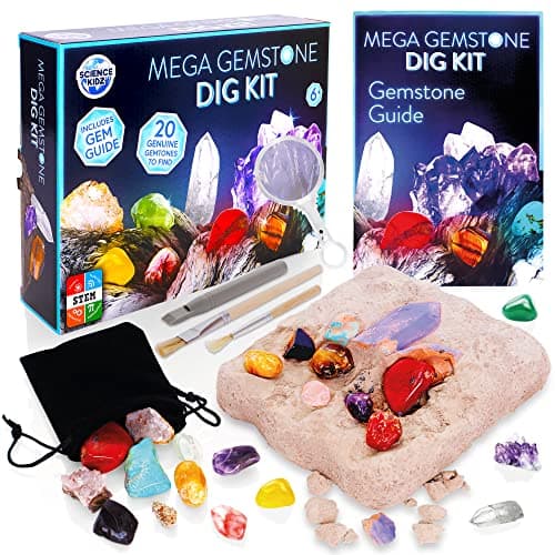 Image of Science Kidz Mega Gemstone Dig Kit - 20 Real Life Gems & Crystals - Gemstones Excavation Kits For Kids - Gem Stones Digging Kit Set - Dig For Gems, Stones, Crystals & Rocks