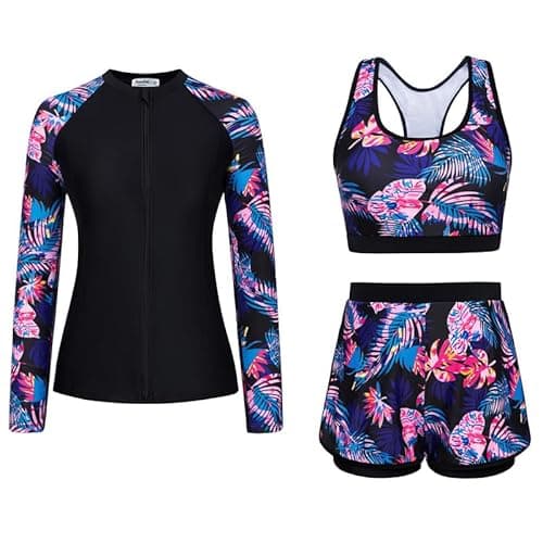 Image of JASAMBAC Rash Guard Sets Womens,Swimming Costume Women, Tummy Control Swimwear Rash Guard Swimsuit UPF 50+ Bikini Top & High Waist Boyshorts Zipper Modest Swimwear Bathing Suit Soft Surf Suit