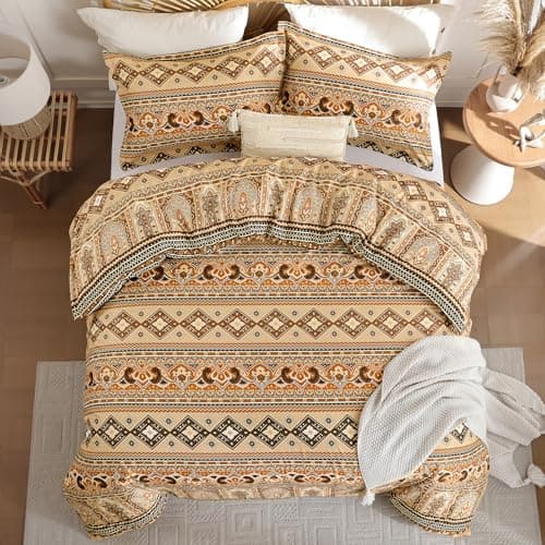 Image of WONGS BEDDING Bohemian King Size Duvet Cover Set Brown Colorful Boho Striped Bedding Set with 2 Pillowcases Soft Microfiber Moroccan Fall Quilt Cover with Zipper Closure 220x230cm