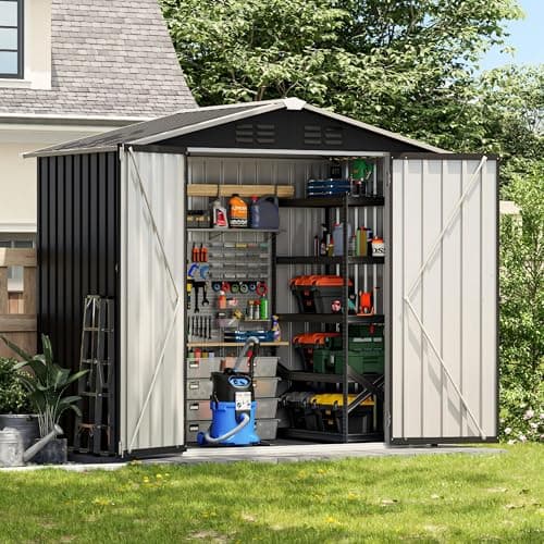 Image of UDPATIO Metal Shed 6x4 FT, Outdoor Garden Storage, Waterproof Metal Shed for Firewood, Garbage Can, Tool, Lawnmower, Bike Shed, Galvanized Steel with Lockable Door for Backyard, Patio, Dark Grey