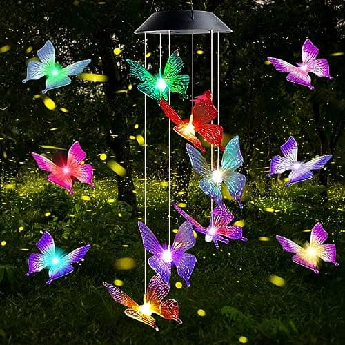 Image of Gerhannery LED Solar Wind Chime Light Mother's Day Gifts Present Spiral Spinner Color Changing Garden Lamp Waterproof Outdoor Decorative Romantic for Patio Yard Garden with Hook (Round) (Butterfly)