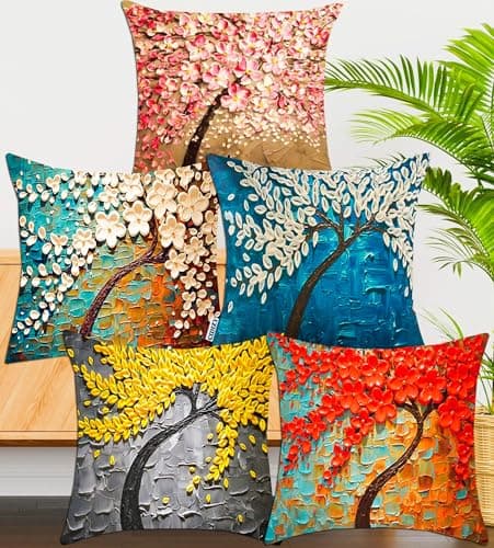 Image of CIDIZY Jute Tree Small Cushion Covers, 12x12 Inch, Multicolour, Set of 5