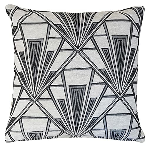 Image of Linen Loft Art Deco Geometric Cushion Cover. Pearl White and Silver Vintage Design. Luxury Velvet Chenille. 17x17 Square. Cover Only.
