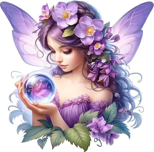 Image of x4 Purple Fairy Holding Crystal Flower Vinyl Stickers Non Transparent Lavender Fairies Art Decals 1@ 20cm for Toilet/Laptop and 3@ 7cm for Phone case, Cups etc Cover Marks (Flower Lilac)