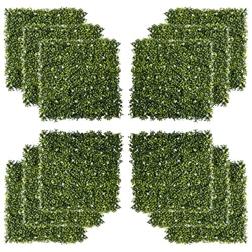 Image of Outsunny 12PCS Artificial Boxwood Wall Panels 50cm x 50cm Grass Privacy Fence Screen Faux Hedge Greenery Backdrop Encrypted Milan Grass with White Flowers for Home Garden Backyard Balcony