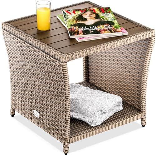 Image of CASARIA® Weatherproof Polyrattan Garden Side Table with Acacia Wood Tabletop | Powder Coated Steel Frame 45x45x40cm 80kg Load Capacity | Indoor Outdoor Balcony Patio Furniture | Cream
