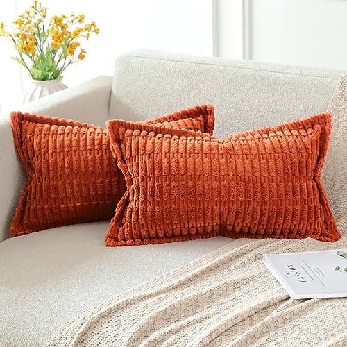 Image of Artscope Orange Cushion Covers Set of 2 Corduroy Decorative Square Striped Pillowcase with Stitched Edge Pillow Covers 30x50cm for Home Decor Sofa Bedroom Car
