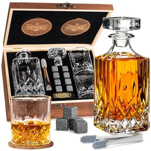 Image of WHISISKEY - Whiskey Decanter Set - 700ML Classic Carafe - Whiskey Gift Sets for Men - Whisky Set - Glass Gifts for Men - Inc. 2 Whiskey Glasses, 8 Whiskey Stones, Accessories