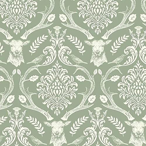 Image of Stag Damask Sage Green Wallpaper - Floral Flowers Birds Trees Leaves Modern Contemporary Feature Wall