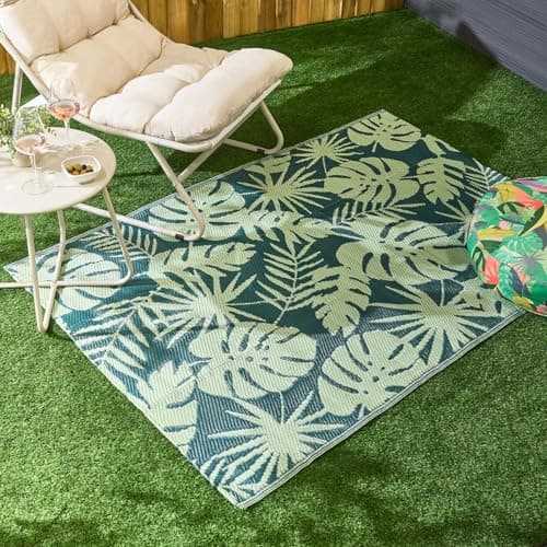 Image of OHS Outdoor Rug Palm Print, Weather Waterproof Garden Rug Foldable Reversible Outdoor Mat Non Slip Easy Clean UV Decking Lawn Patio Carpet Large Rugs, Green - 120 x 170cm