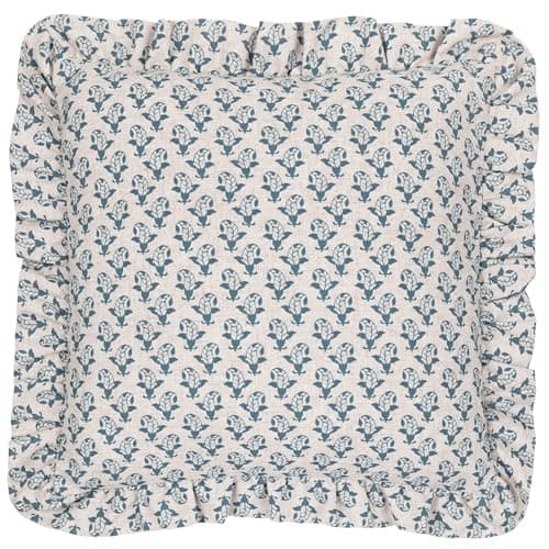 Image of furn. Lulah Block Printed Ruffle Cushion Cover - Linen/Blue - 45x45cm