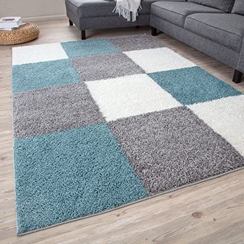 Image of THE RUGS Area Rug – Modern Luxury Shaggy Rug, Multicolour Pattern Carpet, Ultra Soft for Bedroom, Living Room, Kids Room, (60x110 cm, Duckegg Blue)