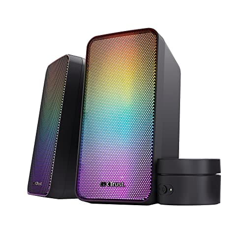 Image of Trust Gaming GXT 611 Wezz PC Speakers 2.0 with RGB Lighting, 12W (6W RMS), LED Lights, Volume Control, AUX and USB Cable, Stereo Computer Speakers for Gaming Setup, Desktop, Laptop - Black