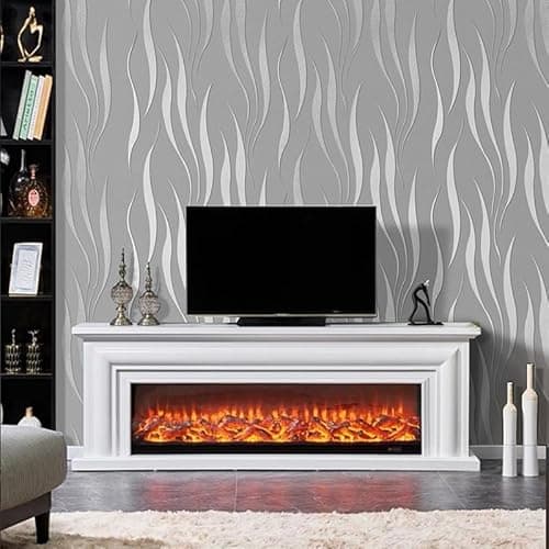Image of Snewvie Grey Wallpaper Silver Wave Glitter Wallpaper 3D Embossed Textured Wall Paper Embossed Feature Stripes Wallpapers for Living Room Adults Bedroom Hallway Kitchen