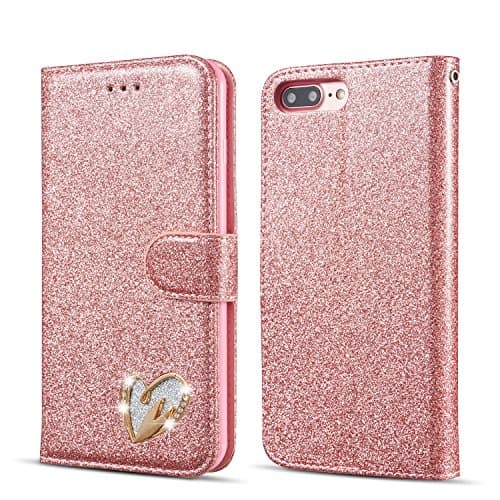 Image of QLTYPRI Wallet Case for iPhone 7 Plus 8 Plus, Glitter PU Leather Case TPU Bumper Card Holder Kickstand [Wrist Strap] [Inlaid Heart Diamond] Flip Folio Case Cover - Rose Gold