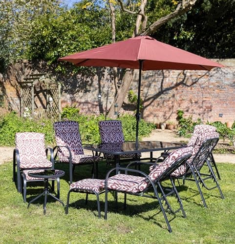 Image of Hectare 6 Seater Metal Garden Furniture Outdoor Dining Set with Side Table Footstools and Parasol in Wine Aztec Pattern