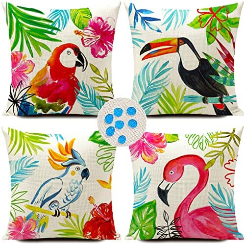Image of HUASHUZI Outdoor Cushion Covers Tropical Flamingo Toucan Parrot Throw Pillow Case Set of 4 18x18 inch Bench Couch Decor Home Decorative for Sofa