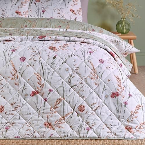 Image of Catherine Lansfield Brushed Grasmere Floral Cotton Reversible 200x220cm Quilted Bedspread Green