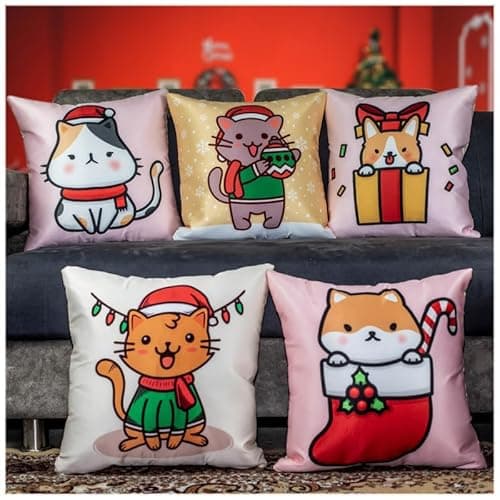 Image of Vendola Merry Christmas Cats Decorative Printed Satin Cushion/Throw/Pillow Covers (Multicolour) Set of 5 Pieces (12X12 Inches, Casper)