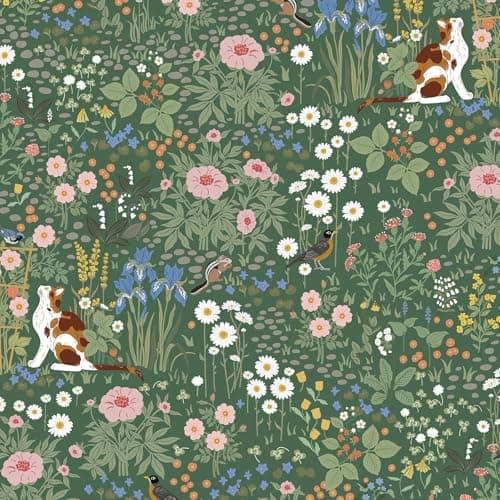Image of Yomshi Floral Peel and Stick Wallpaper Cat Contact Paper Flower Removable Self Adhesive Waterproof Rustic Style Animal Botanical Pattern Wallpaper for Bathroom Bedroom Nursery Dark Green 44x300cm