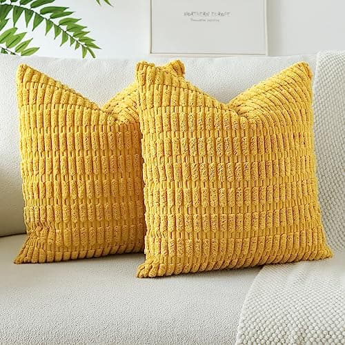 Image of JOTOM Corduroy Soft Striped Boho Decorative Throw Pillow Covers 50x50 cm Cushion Covers 20x20 Inch Cushion Case Square Pillowcases for Couch Sofa Living Room Bed Home Decor Set of 2 (Mustard Yellow)