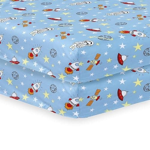 Image of 2 x Cot Bed Fitted Sheets 70 x 140 cm - Easy Care Fine Quality Polycotton Travel Cot Sheets - Soft and Breathable (Space Blue-70 x 140cm)