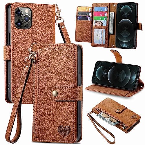 Image of VEEMOS Zipper Wallet Case for Apple iPhone 12 Pro Max Phone Case with Purse Card Holders RFID Blocking Leather Flip Case Book Cover Wrist Strap Women - Brown