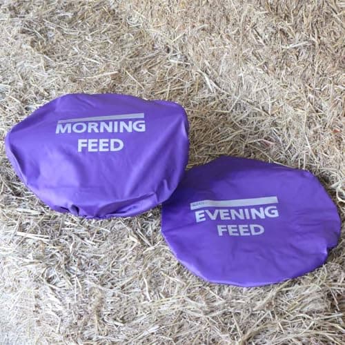 Image of Masta Polyester Bucket Covers for Feed Room - Morning & Evening Labels, Elastic Edge Fit, Stretches to 50cm - Set of 2, Purple