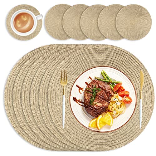 Image of wiipara Round Woven Placemats Set of 6 Heat Resistant Round Braided Table Mats, 34 cm Washable Placemats and Coaster Sets for Dining/Kitchen Table, Party, Wedding, Gold