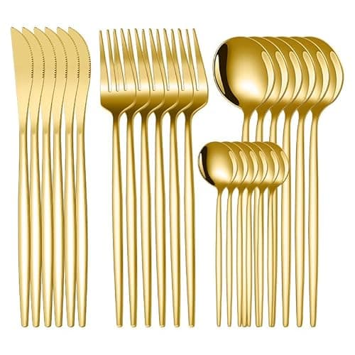 Image of 24-Piece Cutlery Set, Stainless Steel Flatware Set,Tableware Silverware Set for 6 with Spoon Knife and Fork Set Service,Dishwasher Safe/Easy Clean/Mirror Polished(Gold/700g/petite and Compact)