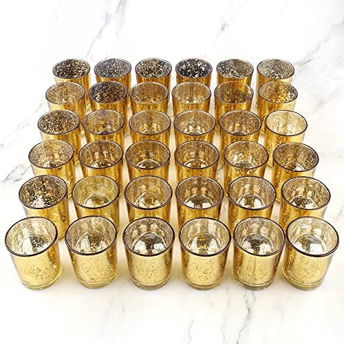 Image of BTGLLAS Clear Glass Tea Light Holders - Votive Candle Holders Bulk for Weddings Events - Glass Votives for Wedding Centerpieces, Christmas, Thanksgiving - Candle Accessories Decor (Gold - 36pcs)